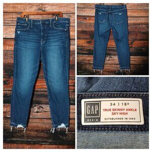 GAP Jeans Size 18 34 True Skinny Ankle Sky High Rise Dark Denim Stretch Raw Hem